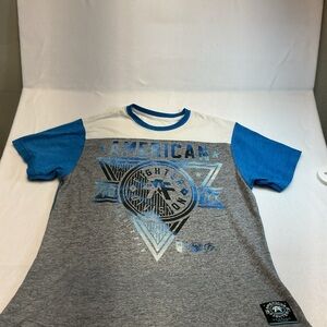 American Fighter Shirt Mens L. Blue Short Sleeve Big Graphic Tee Distressed 0397